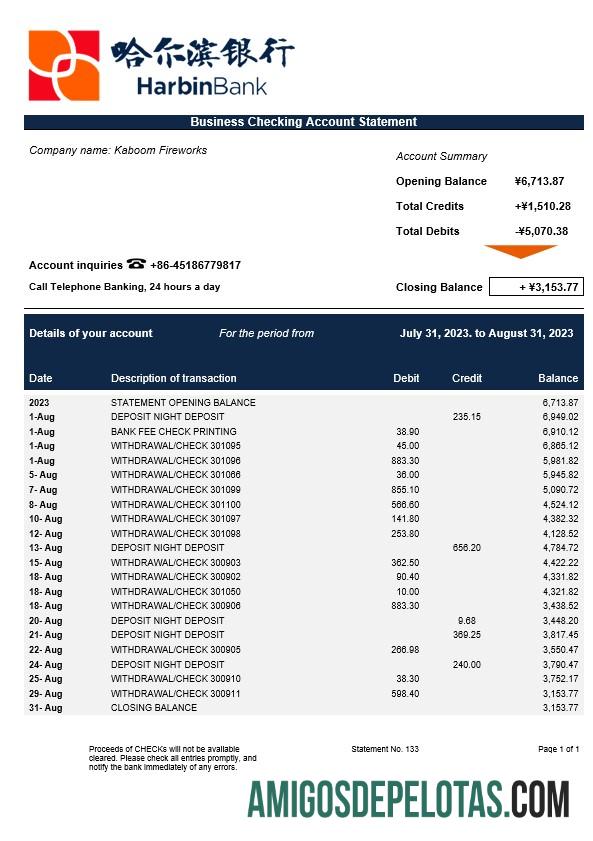 Imprimível Harbin Bank Enterprise Statement modelo Word e PDF